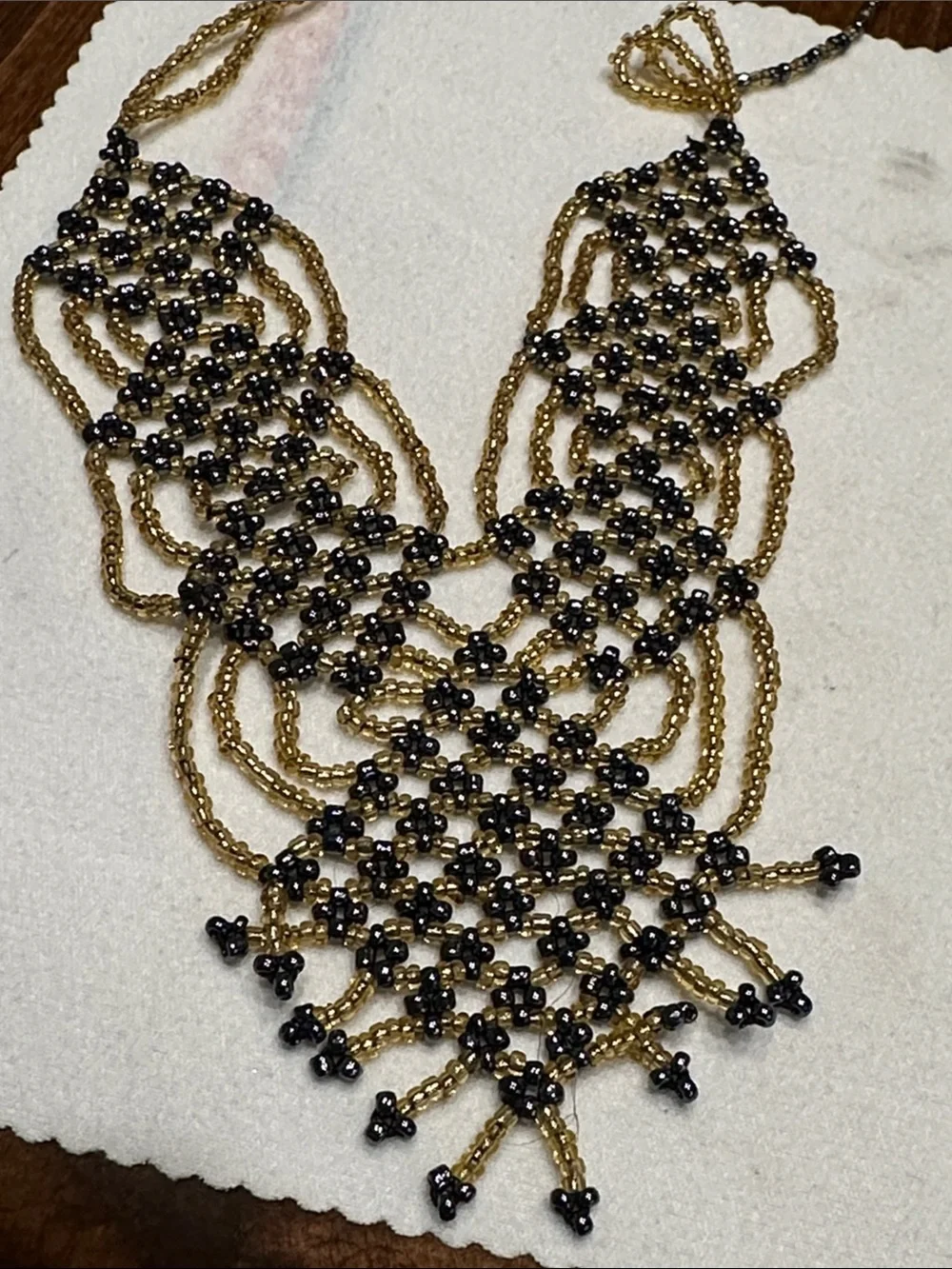 Handmade Antique Gold & Black Seed Bead Statement Necklace - Picture 1 of 7